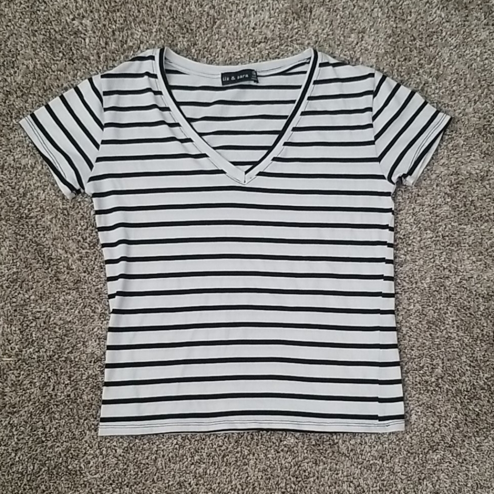 Black and White Striped V-neck Top